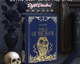 May include: A digital download of a gothic book cover and spine design. The cover is navy blue with gold floral accents and the text "TITLE OF THE BOOK". The design includes a coffin with skeletons. The text "GOTHIC BOOK COVER AND SPINE" is at the top.