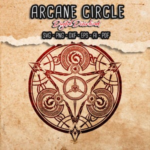 Peut inclure: Graphique de téléchargement numérique avec un motif de cercle arcanique rouge. Le motif comprend des motifs complexes, des formes géométriques et le texte "ARCANE CIRCLE" et "Digital Download". Formats de fichiers : SVG, PNG, DXF, EPS et AI.