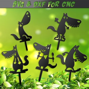 Funny Wolf Garden Stakes SVG & DXF, lindos archivos CNC de lobo de dibujos animados para Garden Decor, archivo dxf de 5 signos para plasma, vector de vinilo de chorro de agua láser