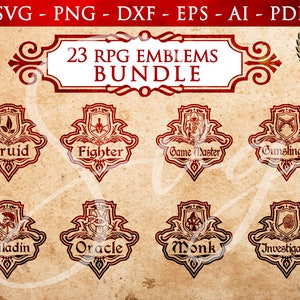 Paquete de 23 emblemas de clase de RPG, dnd svg, juegos de rol svg, DM svg, Pathfinder Gamer, juego de rol svg, juegos de mesa, juego de rol de mesa
