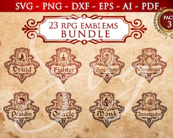 23 RPG Class Emblem Bundle PACK 3, dnd svg, rpg games svg, DM svg, Pathfinder Gamer, Role Playing Game svg, Tabletop Gaming, Tabletop rpg