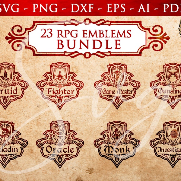 23 RPG Class Emblem Bundle PACK 3, dnd svg, rpg games svg, DM svg, Pathfinder Gamer, Role Playing Game svg, Tabletop Gaming, Tabletop rpg