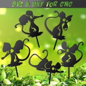 Lustige Maus Garten Stakes SVG & DXF, Maus CNC Dateien für Garten Dekor, 5 Zeichen Dxf Datei für Plasmen, Laser Wasserstrahl Vinyl Vektor