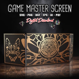 DM Screen SVG 3 paneles Diseño de mariposa, Table Top Gaming pantalla svg, juegos rpg svg, Regalo Game Master, Pantalla para tablero, Descarga instantánea