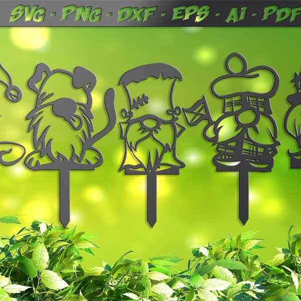 Garden gnome enjeux svg, 5 garden gnome signes fichier DXF pour plasma, laser, vecteur de vinyle jet d’eau