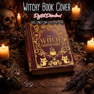 Peut inclure: Une couverture de livre bordeaux avec des lettres et des illustrations dorées, intitulée "The Witch's Grimoire". L'image montre des bougies allumées, un crâne et le texte "Witchy Book Cover" et "Digital Download".