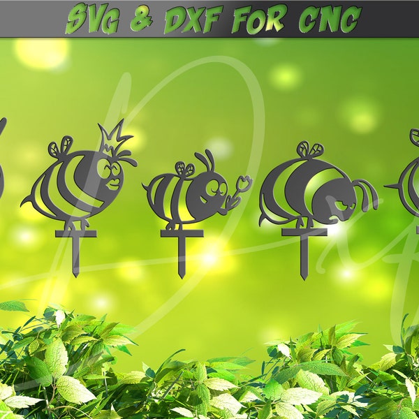 Funny Bee stakes SVG, bee CNC, bee yard, Garden Decor, Bee svg, Honey svg, 5 signs DXF file for plasma, laser water jet vinyl vector