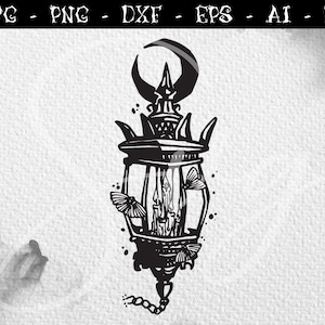 May include: A black and white illustration of a lantern with a crescent moon on top. The lantern has a chain hanging from the bottom and three butterflies flying around it.