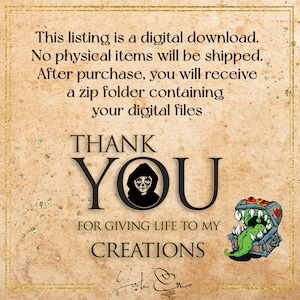 May include: A digital download thank you card with a black and white illustration of a monster with a skull face and a green treasure chest with a monster's head and teeth. The text reads "Thank You for giving life to my creations".