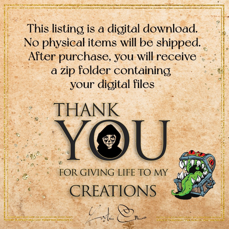 May include: A digital download thank you card with a black and white illustration of a monster with a skull face and a green treasure chest with a monster's head and teeth. The text reads "Thank You for giving life to my creations".
