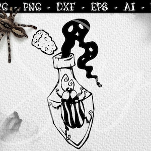 May include: A black and white illustration of a potion bottle with a cork and a beetle inside. Black smoke is rising from the bottle.
