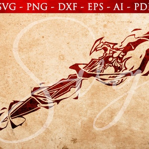 May include: A red and black stylized illustration of a sword with a sharp point and a curved handle. The sword is on a brown background.