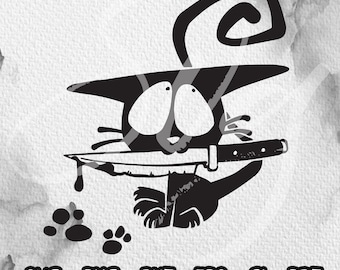 May include: Black and white illustration of a cat holding a knife in its mouth. The cat has large eyes and a surprised expression. The cat is standing on its hind legs and has its front paws in the air. There are two paw prints on the ground below the cat.