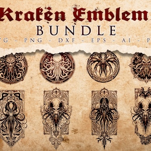 Paczka emblematów Kraken SVG, legendarna ośmiornica, macki, mitologia, potwór morski, gra fabularna, RPG svg, pliki Cricut Silhouette Cut