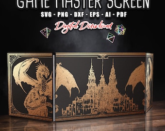 Può includere: Uno schermo per il game master a tre pannelli con un drago dorato e un design di skyline della città. Lo schermo è nero con accenti dorati e ha un bordo decorativo. Il testo "GAME MASTER SCREEN" è in cima allo schermo, e il testo "SVG - PNG - DXF - EPS - AI - PDF" è sotto. Il testo "Digital Download" è al centro dello schermo.