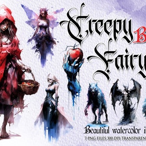 Creepy fairytale clipart BUNDLE, Dark Fairies png, Watercolor Gothic Princess, Art Printable, PNG digital download for commercial use