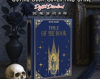 May include: A blue book cover with a gold gothic design featuring a tower with a crescent moon. The title "TITLE OF THE BOOK" is written in gold lettering. The text "YOUR NAME" is also written in gold lettering.