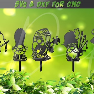 Bagpiper Garden gnome estacas svg, gnomo escocês tocando gaita de foles, gnomo com tartan, arquivo DXF de 5 sinais, plasma, laser, vetor de vinil a jato de água