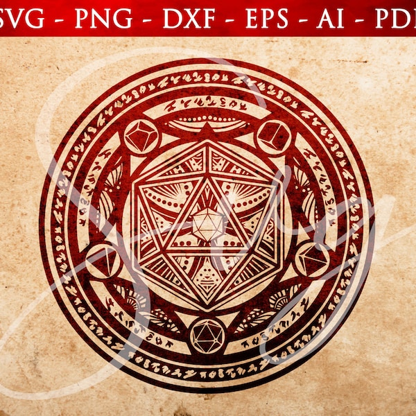 D20 SVG, cercle magique tribal, RPG Arcane Circle, polyédriques svg, jeu de rôle svg, dés, Cricut et Silhouette Cut Files