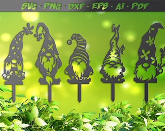 Garden gnome stakes svg, flowers and butterflys, 5 signs DXF file for plasma, laser, water jet vinyl vector