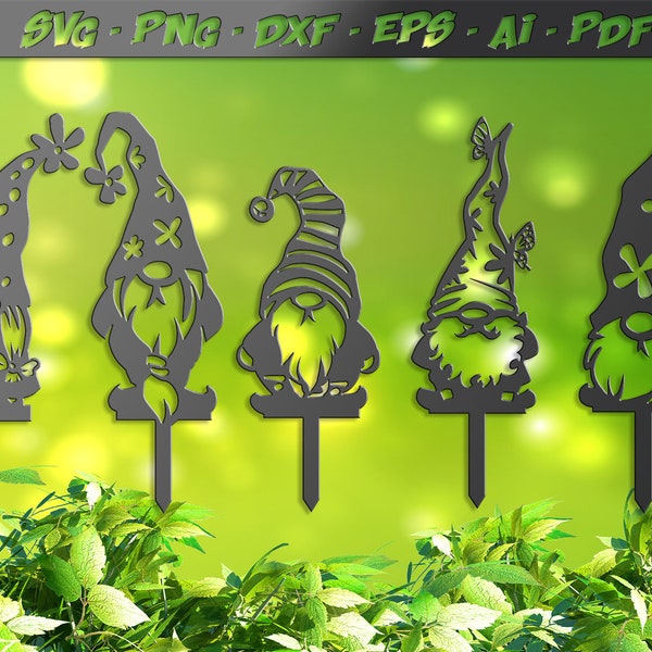Garden gnome pali SVG, kwiaty i motyle, 5 znaków plik DXF do plazmy, lasera, wektora winylu strumieniem wody