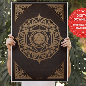 D20 Dice Magic circle, RPG poster, Gamer Art, wall art print, Pathfinder Gift, DM gift, Tabletop Dice Poster, Wall Decor digital download