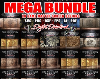 Può includere: Un pacchetto di download digitale di 20 design per schermi di gioco di ruolo. I design sono in formato SVG, PNG, DXF, EPS, AI e PDF. I design presentano vari temi fantasy e medievali, tra cui draghi, castelli e creature mitiche.