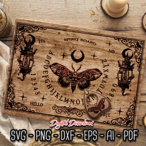 Moth Spirit Board & Planchette svg, Deaths Kopf Antworten Brettspiel, Okkulte Praxis, Gothic SVG, Halloween Dekor, Cricut, digitale Datei