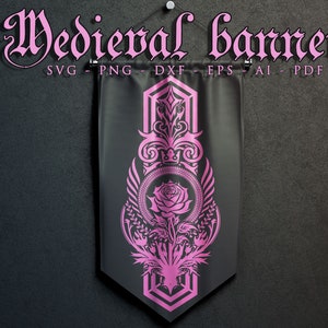 Średniowieczny baner SVG, flaga z różą, gobelin fantasy svg, banery na imprezę czarodzieja, baner Game Night, natychmiastowe pobieranie, pliki Cricut Cut