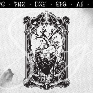 Árbol gótico de la vida corazón SVG, personaje aterrador, svg oscuro, svg místico, svg bruja, svg brujería, svg Halloween, Cricut gótico, Cortar archivos