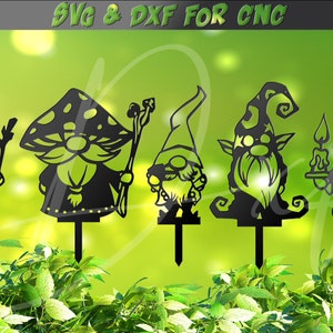 Estacas de gnomo de jardim florestal svg, gnomos encantados, arquivo DXF de 5 sinais para plasma, laser, vetor de vinil a jato de água