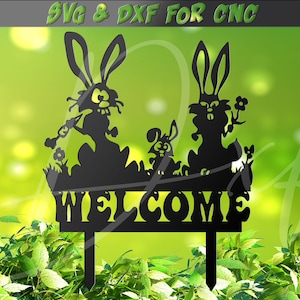 Welcome Yard Stake, lapin piquets SVG, lapin CNC, Pâques yard Garden Decor, animal drôle, fichier DXF pour plasma, vecteur de vinyle jet d'eau laser