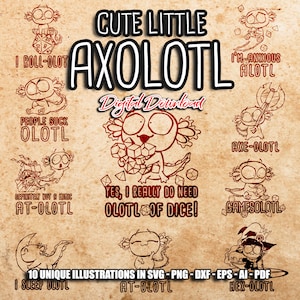 Süßes kleines AXOLOTL Bundle SVG, süßer Axolotl, D20, Rollenspiel, Pathfinder, Rollenspiel, Cricut und Silhouette Schnittdatei