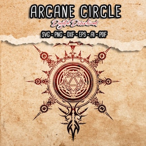 Peut inclure: Graphique de téléchargement numérique avec un cercle arcanique rouge détaillé sur un fond beige texturé. Le design comprend des formes géométriques et des motifs complexes, avec le texte "ARCANE CIRCLE" et "Digital Download". Formats de fichiers : SVG, PNG, DXF, EPS, AI, PDF.