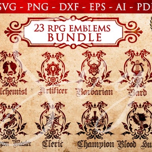 23 RPG Class Emblem Bundle PACK 1, rpg games svg , DM svg, Pathfinder Gamer, Role Playing Game svg, Cricut and Silhouette Cut Files