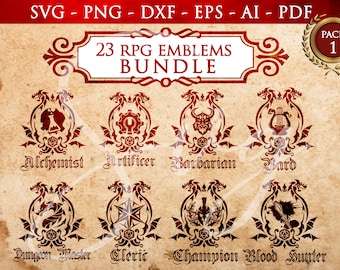 23 RPG Class Emblem Bundle PACK 1, rpg games svg , DM svg, Pathfinder Gamer, Role Playing Game svg, Cricut and Silhouette Cut Files