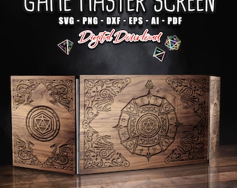 Puede incluir: Una pantalla de maestro de juego de madera con un diseño de dragón tallado y un dado d20 central. La pantalla tiene tres paneles, cada uno con un diseño diferente. La pantalla es una descarga digital.