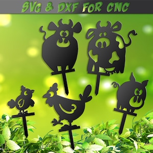 Bauer Tiere Garten Stakes SVG & DXF, Kuh Schwein Küken CNC Dateien für Garten Dekor, 5 Schilder Dxf Datei für Laser Laser Wasserstrahl Vinyl Vektor