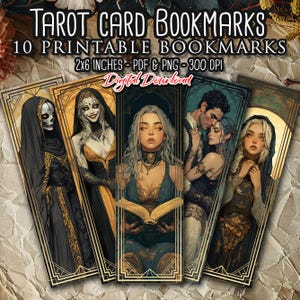 Marcapáginas imprimible con 10 cartas del Tarot, set de marcapáginas de bruja, marcapáginas PNG, artículos de biblioteca, regalo para amantes de la lectura, ocultismo, archivos digitales para scrapbooking
