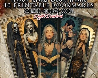 Könnte beinhalten: Zehn druckbare Tarot-Lesezeichen mit verschiedenen Charakteren und Designs. Die Lesezeichen sind 2x6 Zoll groß und in den Formaten PDF und PNG mit 300 DPI verfügbar.