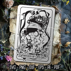 Carte de tarot drôle SVG, mère des chats, jolies cartes de tarot, squelette amour Svg, tarot de sorcière, fichier coupé par sublimation