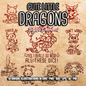 Niedliche kleine Drachen Bundle SVG, RPG svg, D20, Rpg-Spiele, niedlicher Drache, Pathfinder 2e, Rollenspiel svg, Cricut und Silhouette Schnittdatei