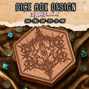 Può includere: Una scatola per dadi esagonale in legno con un design inciso intricato. La scatola presenta un motivo dettagliato e un simbolo D&D centrale. Il testo "DICE BOX DESIGN" e "Digital Download" sono in alto. Dadi e monete circondano la scatola.