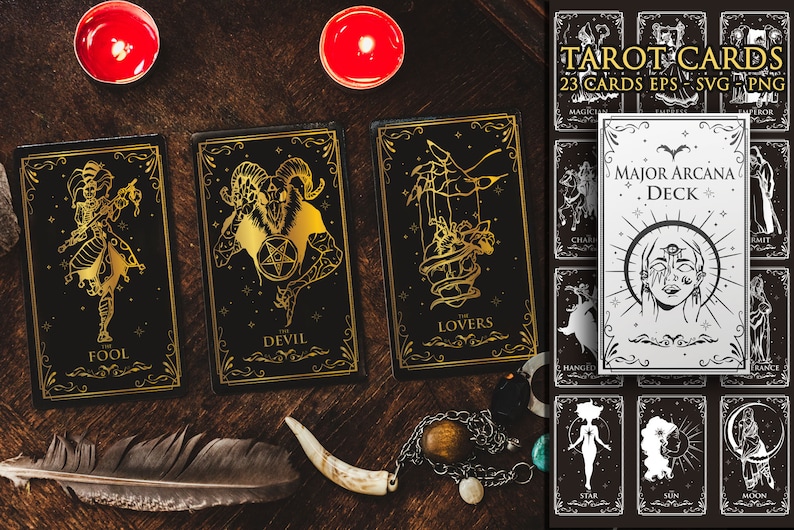 May include: A set of 23 tarot cards featuring black and gold illustrations of the Major Arcana. The cards are arranged on a wooden surface with candles and other decorative items.