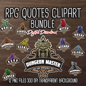 Citazioni RPG BUNDLE clipart, 12 RPG Class Emblem png, regalo ttrpg dm, clipart D20, giochi di ruolo png, file digitali