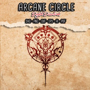 Peut inclure: Graphique de téléchargement numérique avec le texte "ARCANE CIRCLE". Le design présente un emblème circulaire rouge détaillé avec des éléments géométriques et stylisés. L'image est sur un fond beige texturé. Formats de fichiers : SVG, PNG, DXF, EPS, AI, PDF.