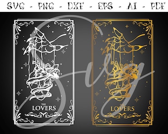 May include: A black and white illustration of a tarot card with a gold outline. The card depicts a hand holding a heart with a ribbon wrapped around it. The card is labeled "The Lovers".