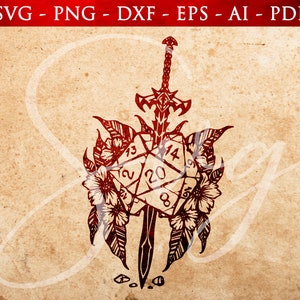 D20 svg, Schwert Blumen & Würfel SVG, polyedrische Würfel svg, RPG-Spiele, Rollenspiel svg, Würfel, Cricut und Silhouette geschnitten Dateien