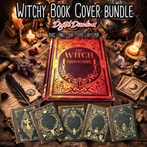 May include: An image featuring a collection of witchy book covers, including a large book titled "The Witch Grimoire" with gold detailing. Several smaller book covers with various designs are also present, along with candles and mystical elements. The text "Witchy Book Cover Bundle" is at the top.