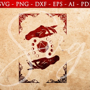 RPG Zauberkarten svg, Hände Würfel, Mystisches Design, Blockkarte svg, Rpg Icon, D20, Rpg Spiele, Orakel Karte, Gothic svg, Cricut Cut Files